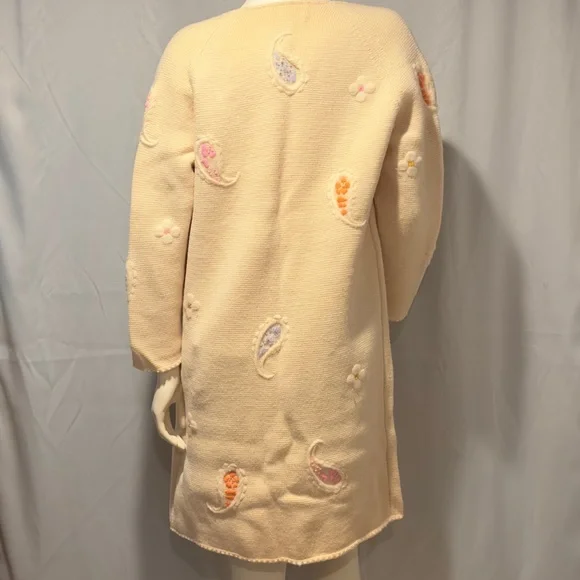 60s Ivory Wool Long Cardigan SweaterEmbroidered Pastel Paisley Floral Size Sm